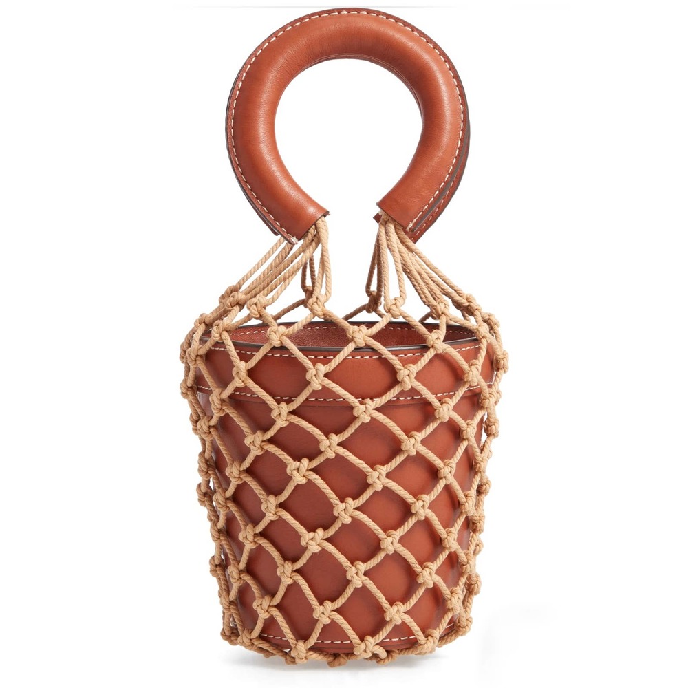 SOLD- Staud Mareau Cage Bucket Bag Brown Leather Tan Rope Net Double Handle - Picture 1 of 12